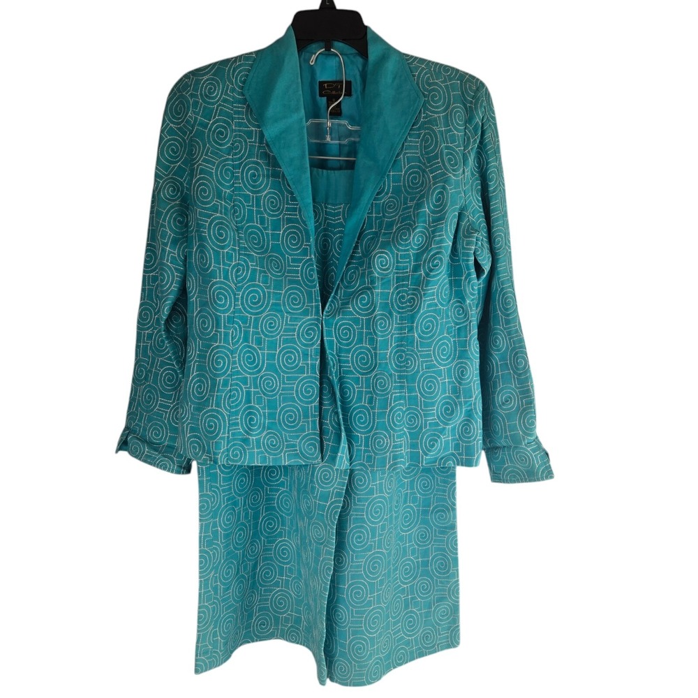DT Collection Womens 12/10 Teal Embroidered Spiral Linen Blend Pant Suit Set